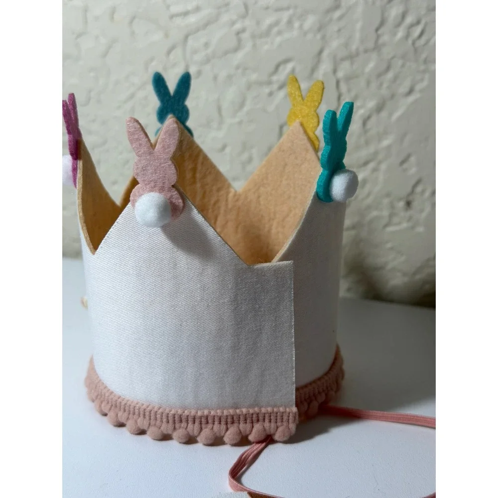 First Birthday Bunny Crown Baby OS White‎ Felt Pom Pom NEW Set of 5